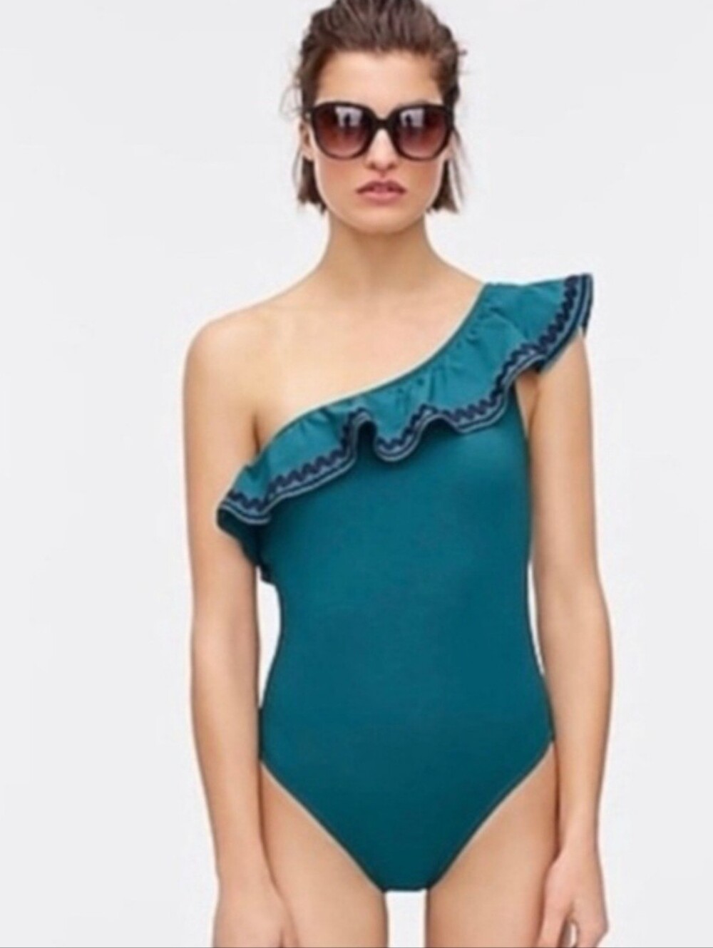 J Crew One-shoulder ruffle one-piece swimsuit with rickrack